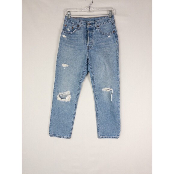 Levis 501 Jeans Womens 25x26 Light Wash Distressed High Rise Red Tab Straight - Picture 2 of 9